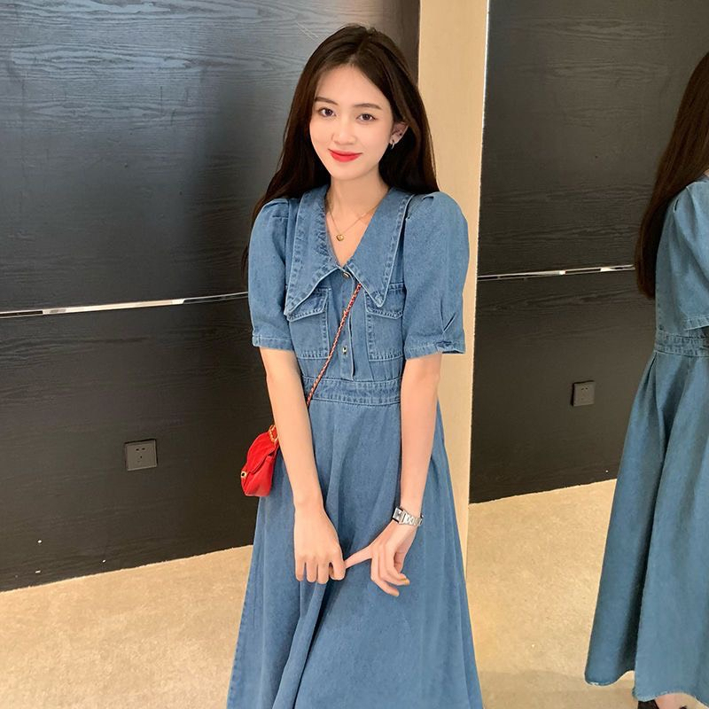 Đầm jeans dáng dài thiết kế thắt eo - Váy sơ mi bò dáng dài qua gối retro vitange thời trang