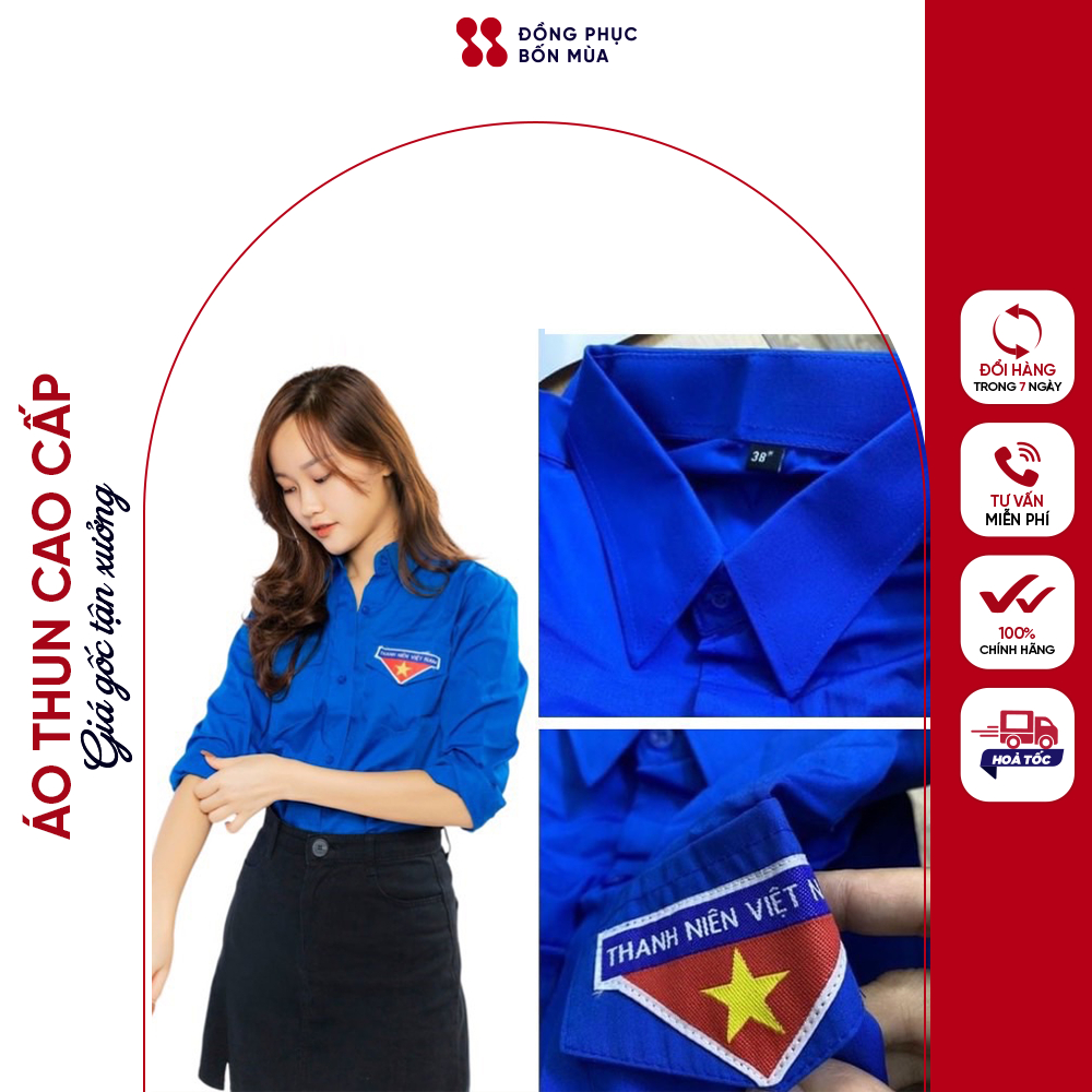 Áo sơ mi đoàn thanh niên dài tay  DONGPHUCBONMUAOFFI màu xanh chất liệu cao câp sẵn hàng tại shop