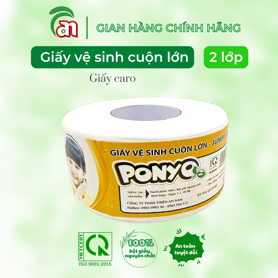 Giấy Vệ Sinh Cuộn Lớn PONYO JB500 2 Lớp Mềm Mịn Hoạ Tiết Caro 500g
