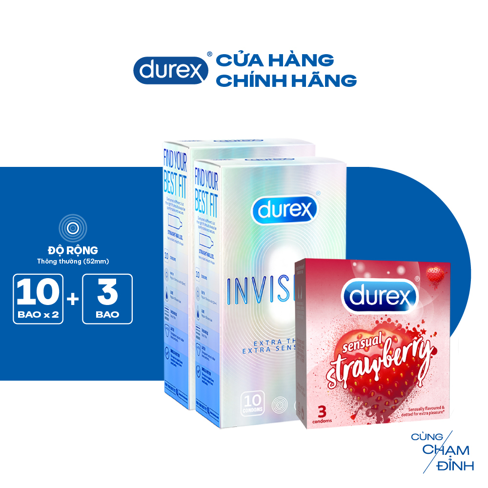 Bộ 2 hộp bao cao su Durex Invisible siêu mỏng (52mm, hộp 10 bao)+ 1 Durex Sensual Strawberry hương dâu (52mm, hộp 3 bao)