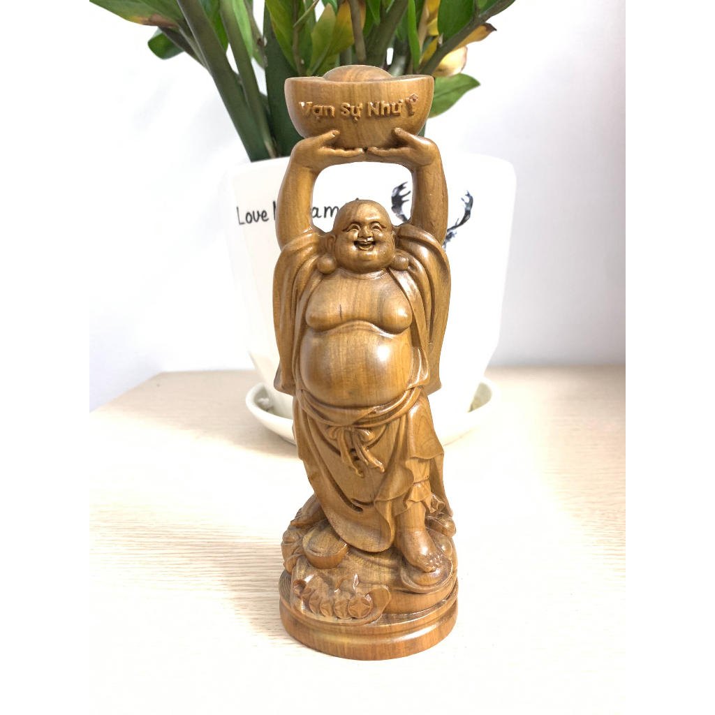 Tượng Phật Di Lặc Dâng Đĩnh Vàng Vạn Sự Như Ý Gỗ Bách Xanh