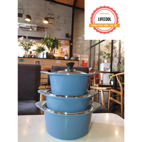 BỘ 3 NỒI ĐÁY TỪ ECORAMIC ĐẾ TỪ HÀN QUỐC 20CM. 22CM. 24CM (Tặng cặp nhấc nồi silicon)