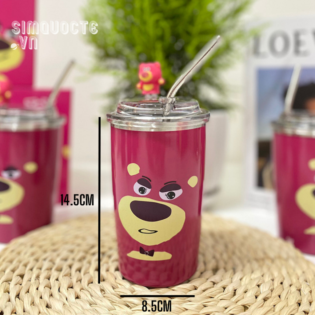 Bình giữ nhiệt gấu dâu Losto Ly giữ nhiệt thép không gỉ hoạ tiết charm gấu xinh xắn kèm ống hút tiện lợi dung tích 450ml