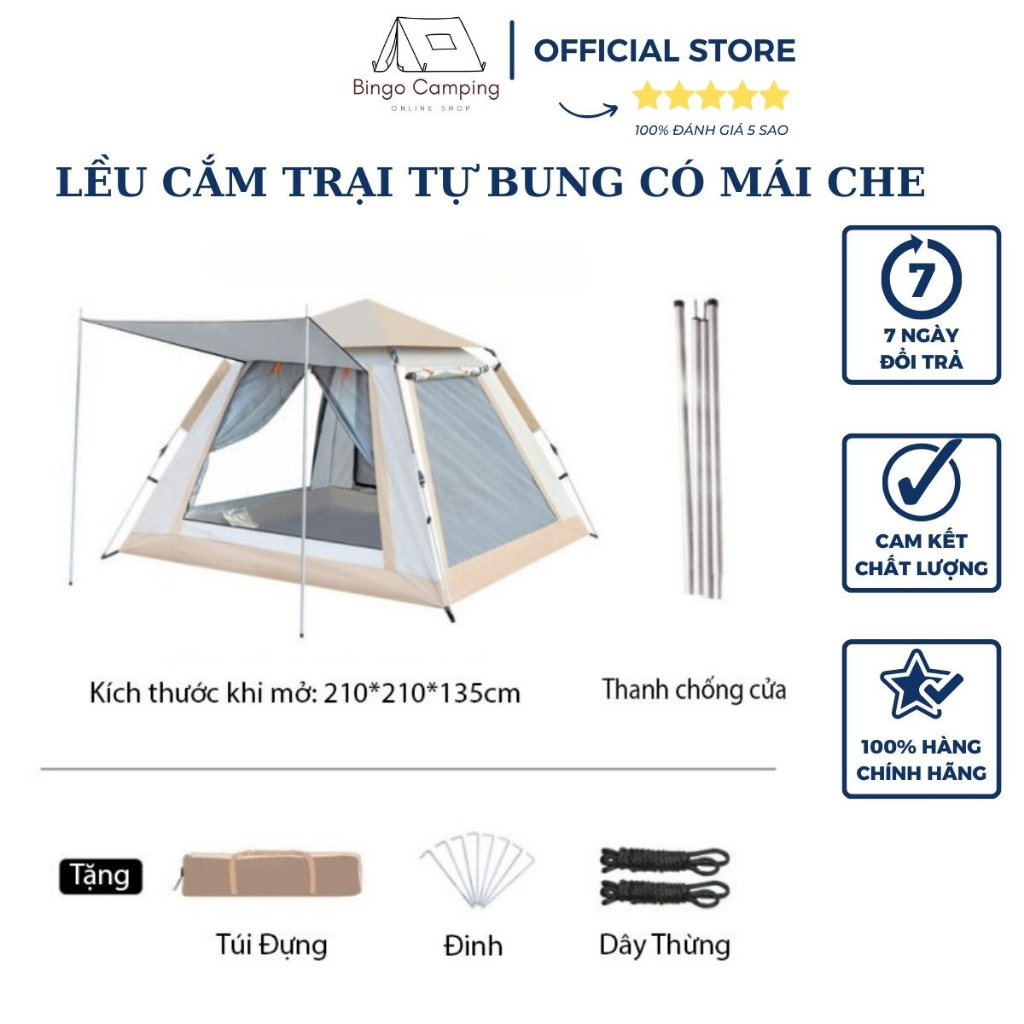 Lều cắm trại tự bung chống nước cho 3 người 5 người lều dã ngoại du lịch 2 cửa có mái che ra vào,2 cửa phụ thông thoáng