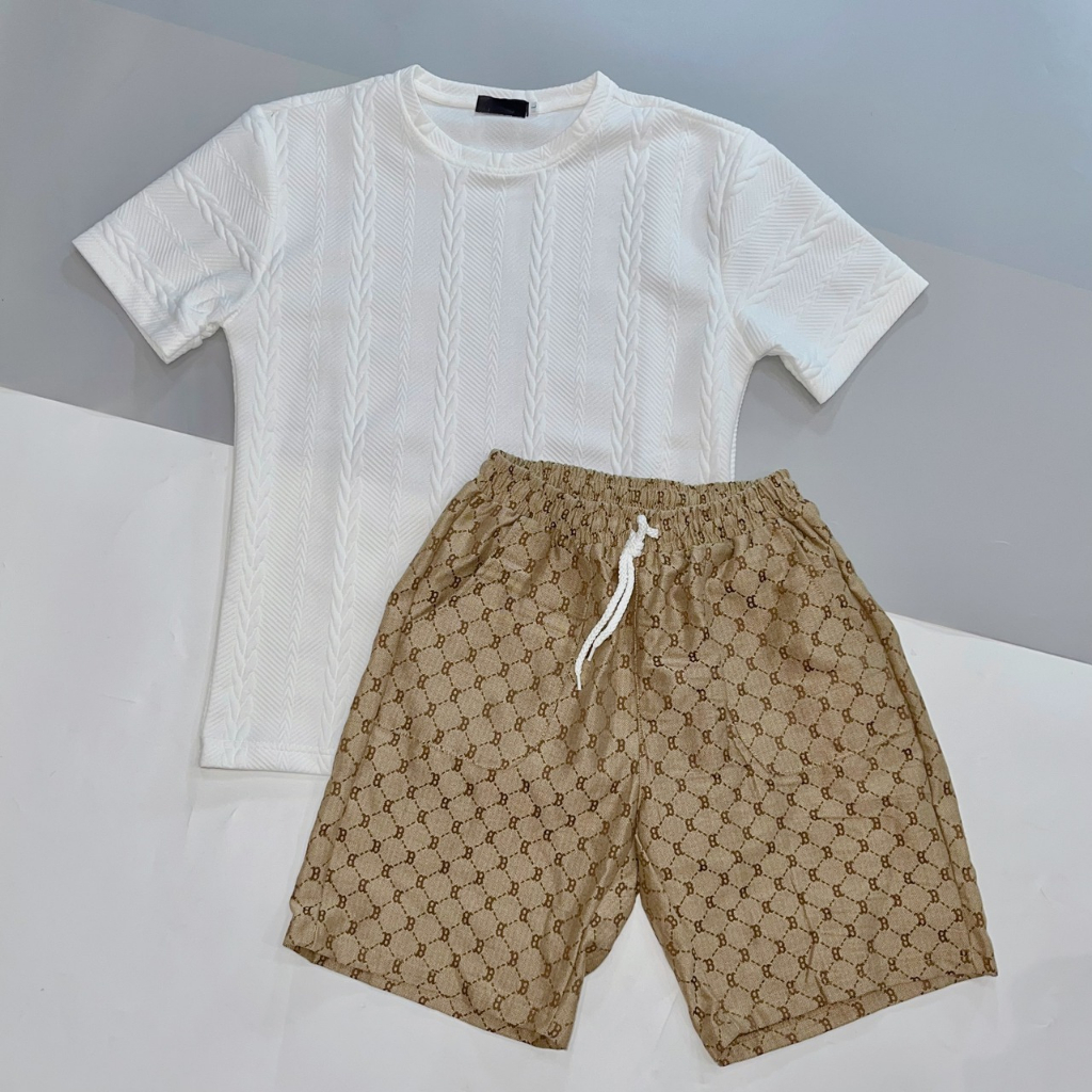 Set bộ đồ thun nam in vân nổi họa tiết lá lúa, set thể thao làm từ chất cotton xốp mềm mịn thoáng mát