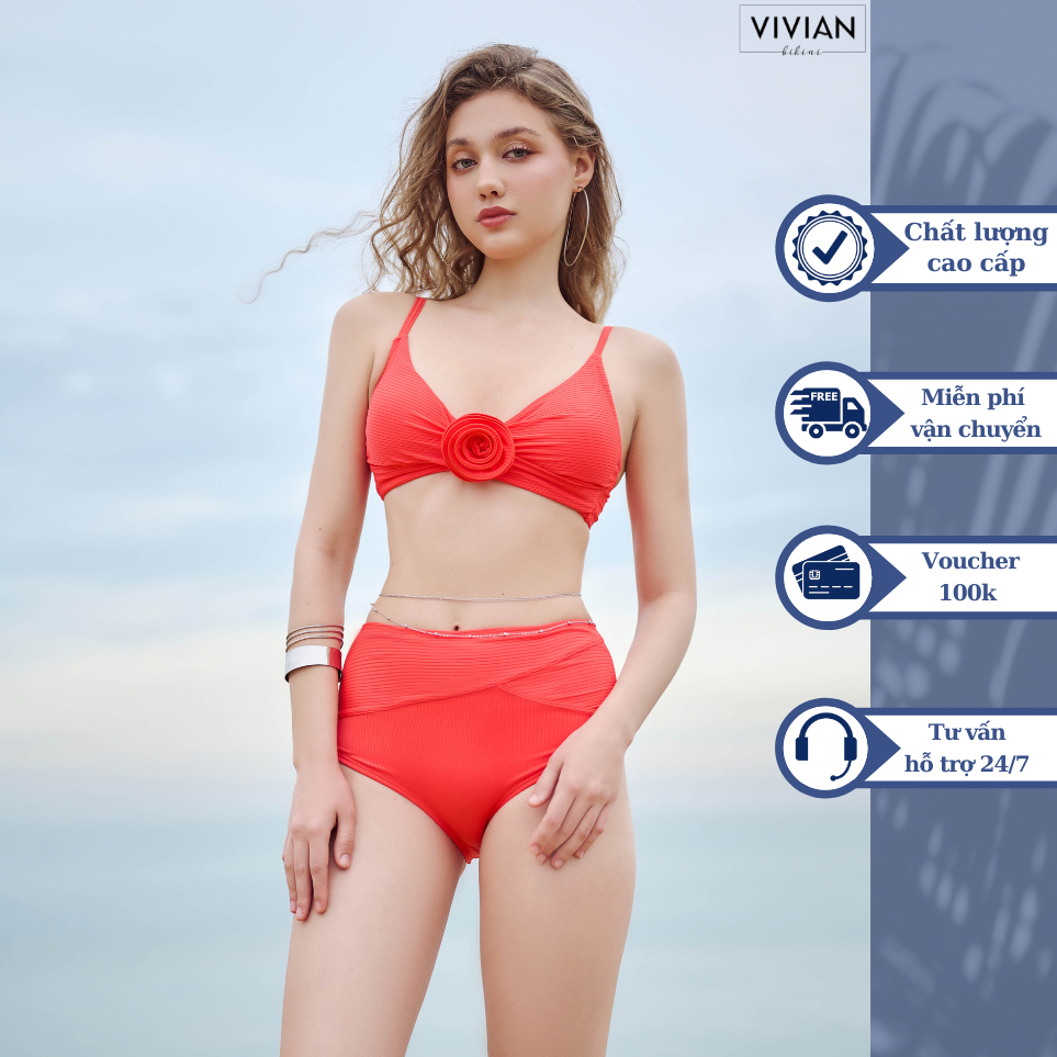Đồ bơi nữ cao cấp 𝐕𝐈𝐕𝐈𝐀𝐍 dạng hai mảnh lưng cao áo tạo hình hoa - màu Cam - VS196_OR