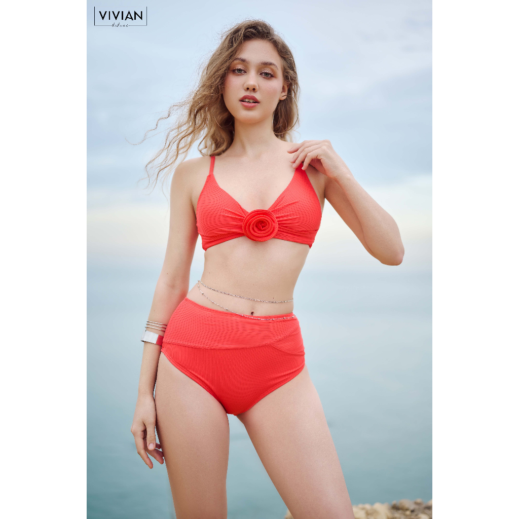 Đồ bơi nữ cao cấp 𝐕𝐈𝐕𝐈𝐀𝐍 dạng hai mảnh lưng cao áo tạo hình hoa - màu Cam - VS196_OR