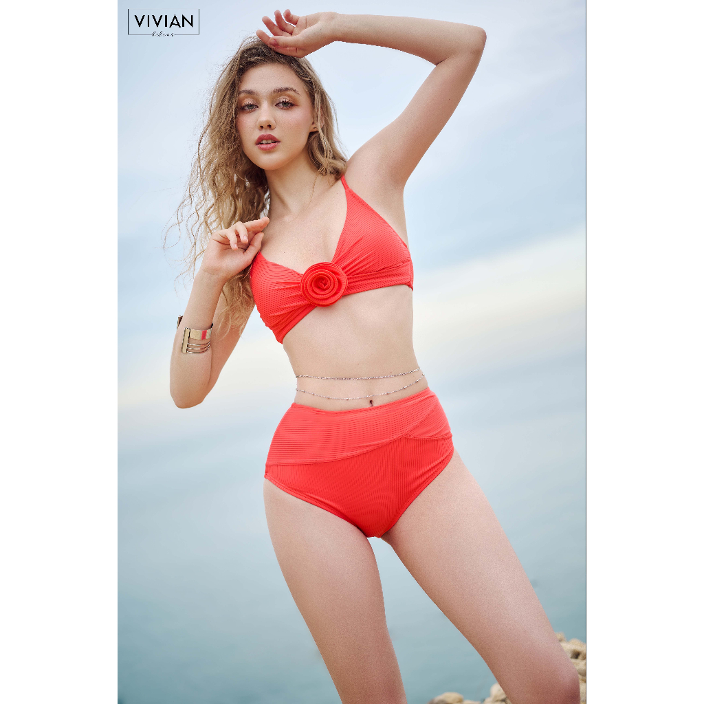 Đồ bơi nữ cao cấp 𝐕𝐈𝐕𝐈𝐀𝐍 dạng hai mảnh lưng cao áo tạo hình hoa - màu Cam - VS196_OR