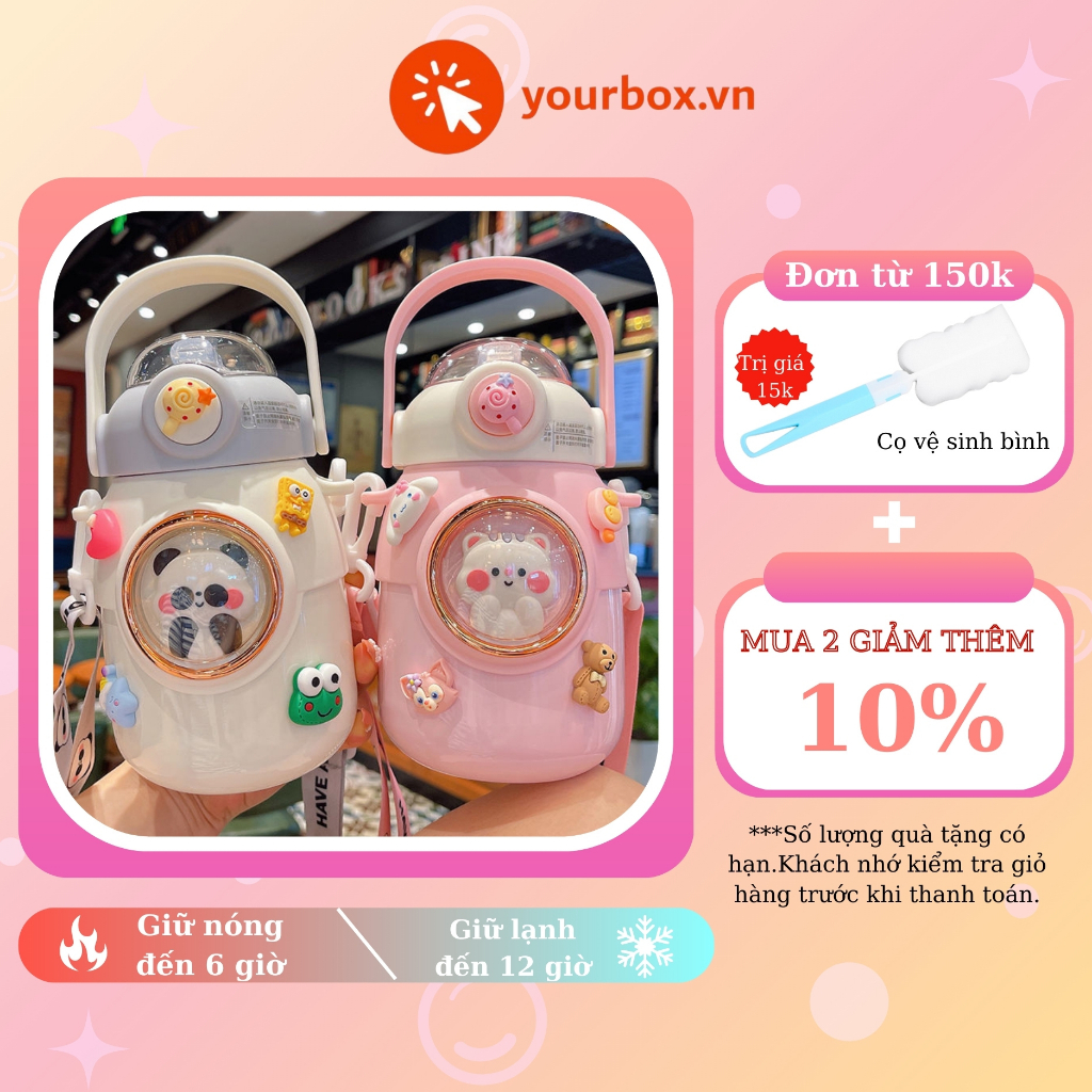 Bình giữ nhiệt cute 700ml inox 316 cao cấp, bình nước giữ nhiệt có ống hút tặng sticker - Yourbox.vn