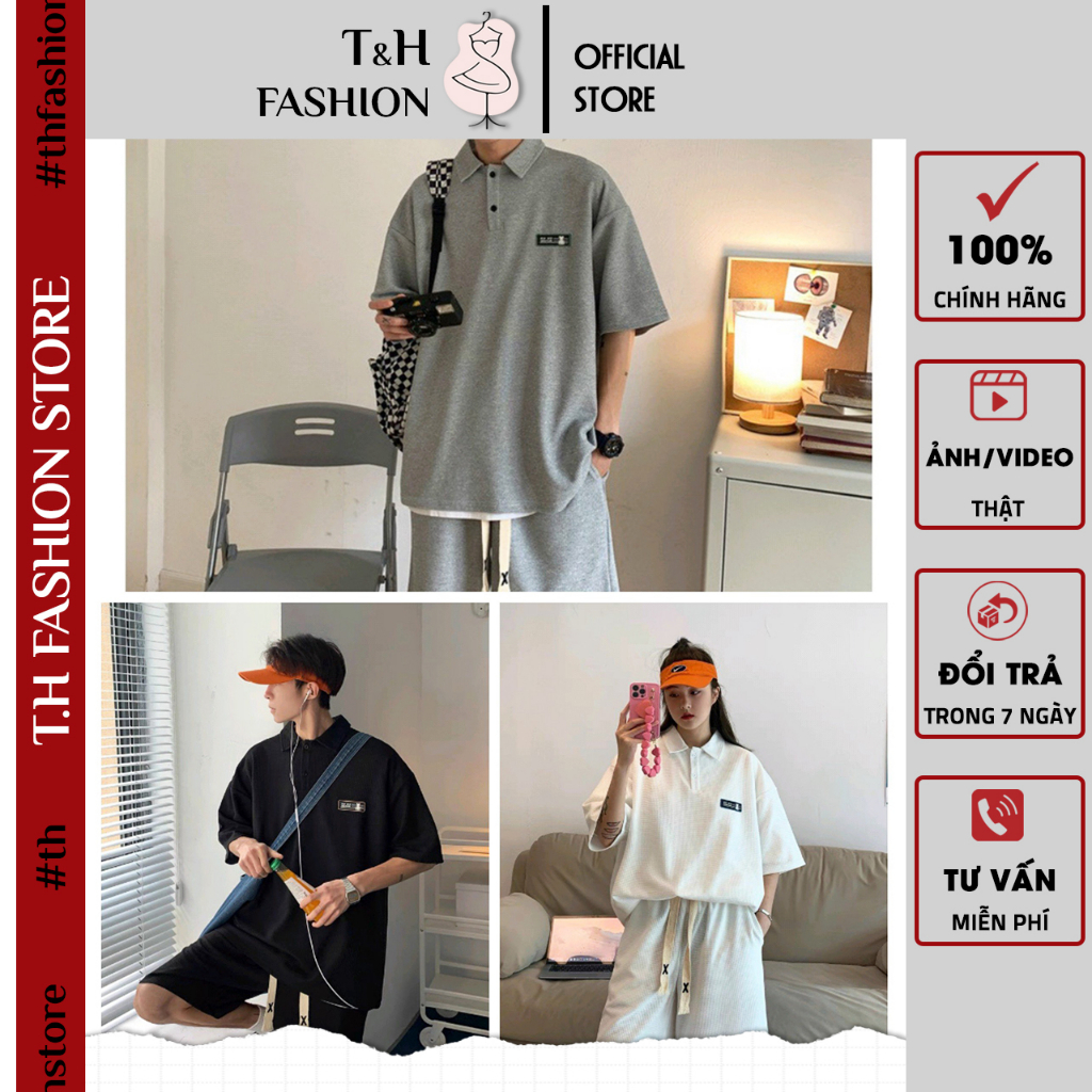 Set Bộ Áo Polo Cộc Tay Unisex Quần Short Ống Rộng 3 Màu - Áo Quần Nam Nữ In Logo Dáng Rộng X0199 - TH FASHION