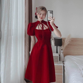 Đầm Nữ dự tiệc 2 màu đỏ đen cổ tàu snag trọng dự tiệc