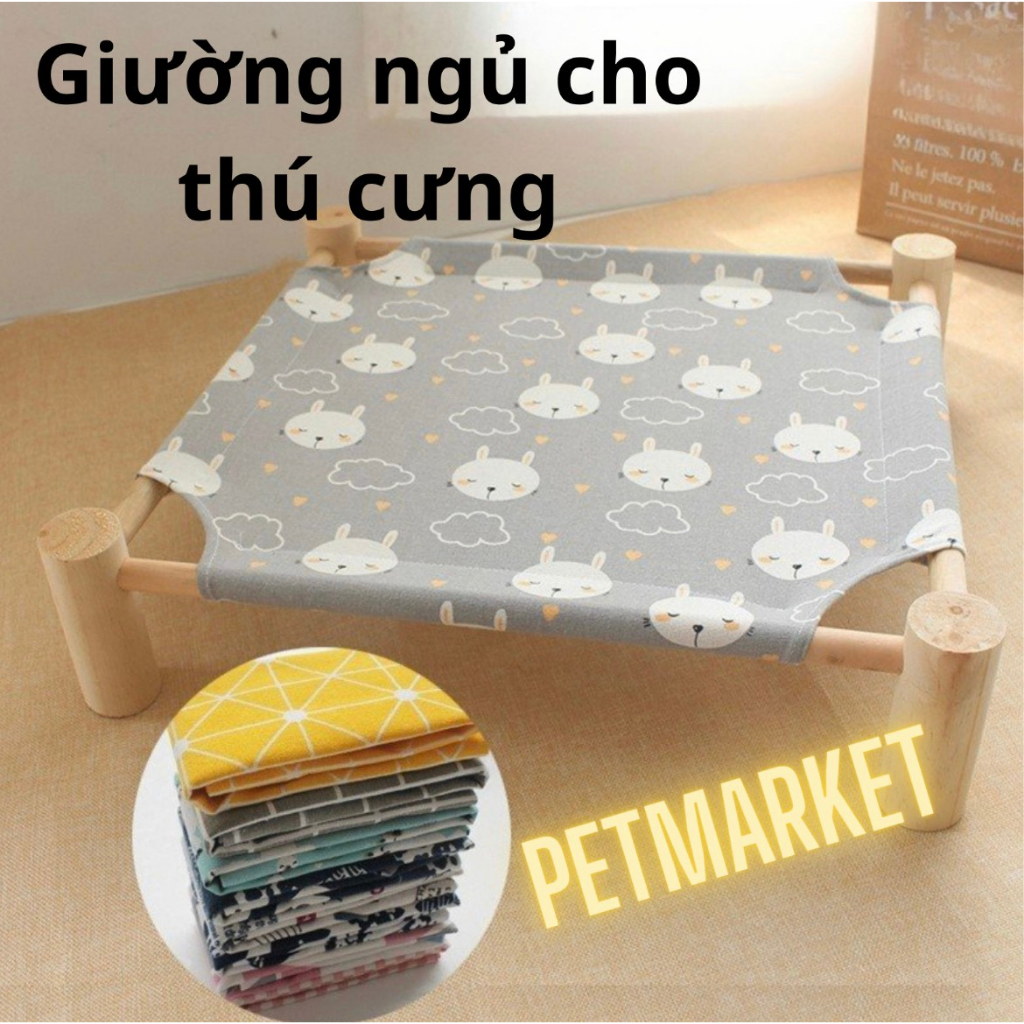 PETMK GIƯỜNG NGỦ BẰNG GỖ, VÕNG CHÓ THƯ CƯNG KÈM VẢI THOÁNG KHÍ, PHỤ KIỆN THÚ CƯNG