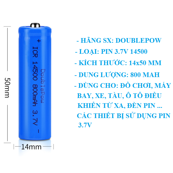 Pin sạc 14500, Pin sạc hãng Doublepow Li-Ion 3.7V 800 mAh cao cấp dùng cho Đèn pin, Đồ chơi điều khiển từ xa...