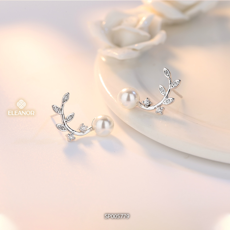 Bông tai nữ chuôi bạc 925 Eleanor Accessories hình lá đính đá ngọc trai nhân tạo phụ kiện trang sức 5779