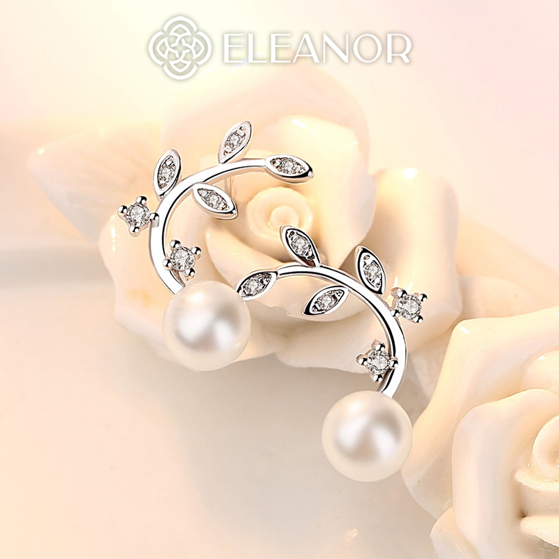 Bông tai nữ chuôi bạc 925 Eleanor Accessories hình lá đính đá ngọc trai nhân tạo phụ kiện trang sức 5779