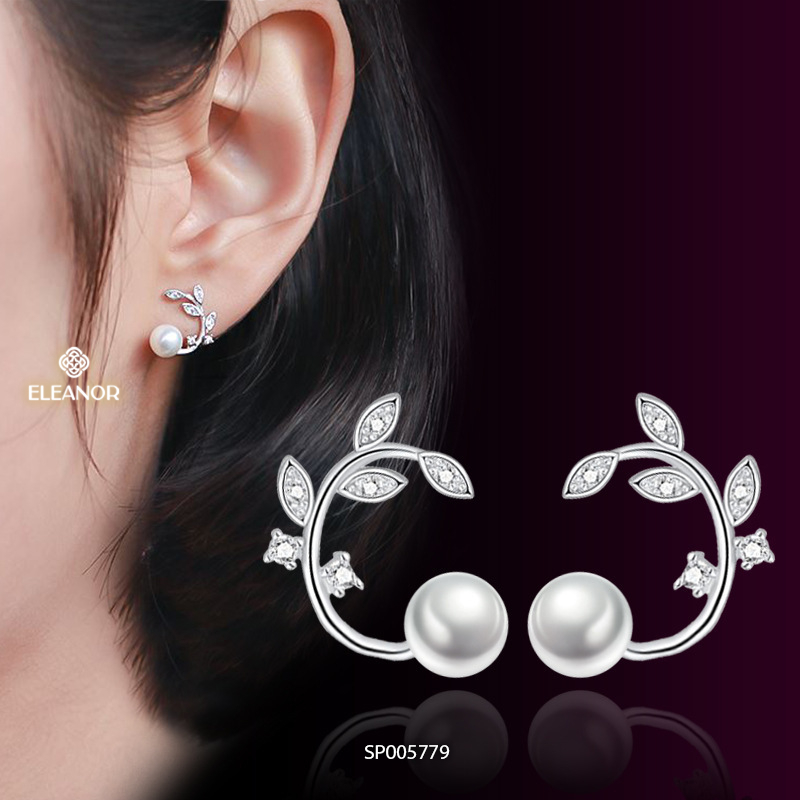 Bông tai nữ chuôi bạc 925 Eleanor Accessories hình lá đính đá ngọc trai nhân tạo phụ kiện trang sức 5779
