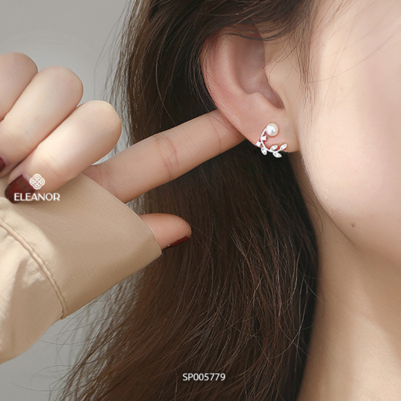 Bông tai nữ chuôi bạc 925 Eleanor Accessories hình lá đính đá ngọc trai nhân tạo phụ kiện trang sức 5779