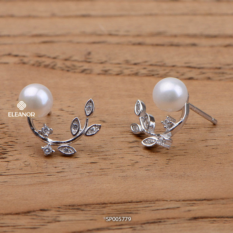 Bông tai nữ chuôi bạc 925 Eleanor Accessories hình lá đính đá ngọc trai nhân tạo phụ kiện trang sức 5779