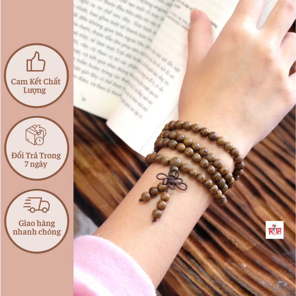 Vòng tay gỗ, Chuỗi phong thủy 108 hạt, Chuỗi Vân gỗ cánh gà size 6mm - Rita shop