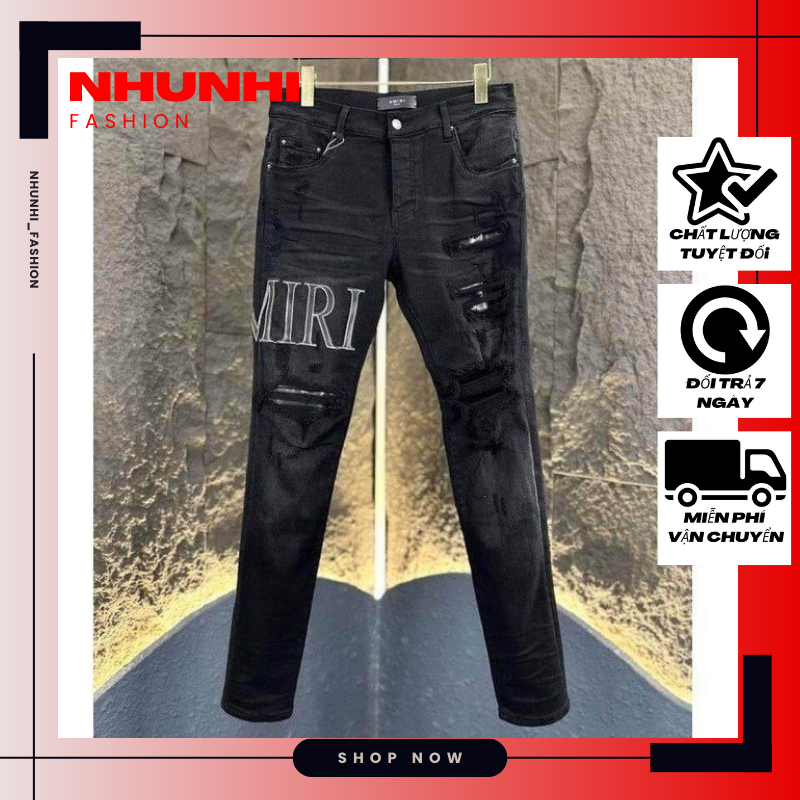 Quần jeans nam chất denim rách kèm thêu logo chữ form chuẩn phong cách trẻ trung NHUNHI FASHION 2354