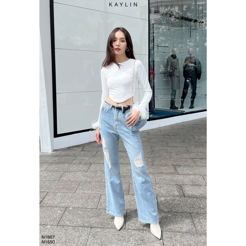 Quần jeans KAYLIN ống suông rách phối belt thời trang N1850