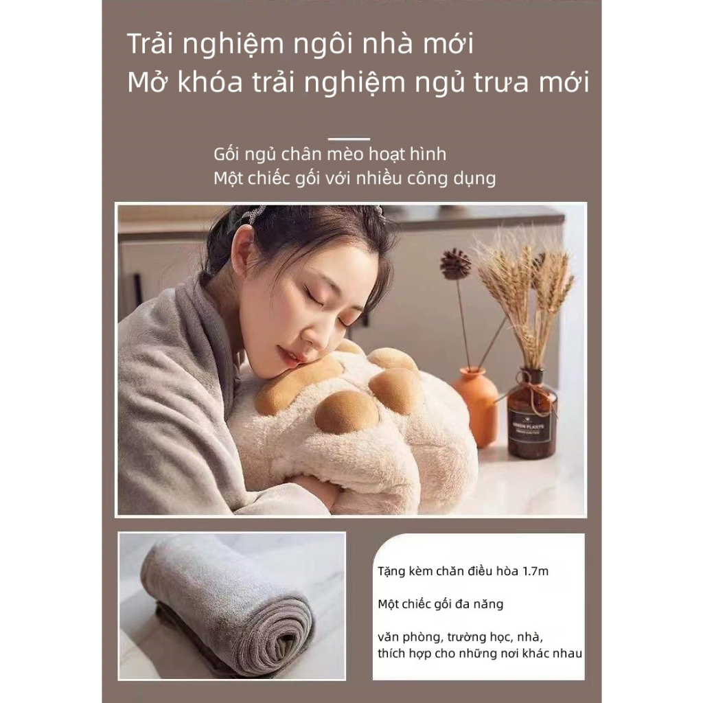 Gối ôm chân mèo dễ thương, tặng chăn 1.7m, 4 màu lựa chọn