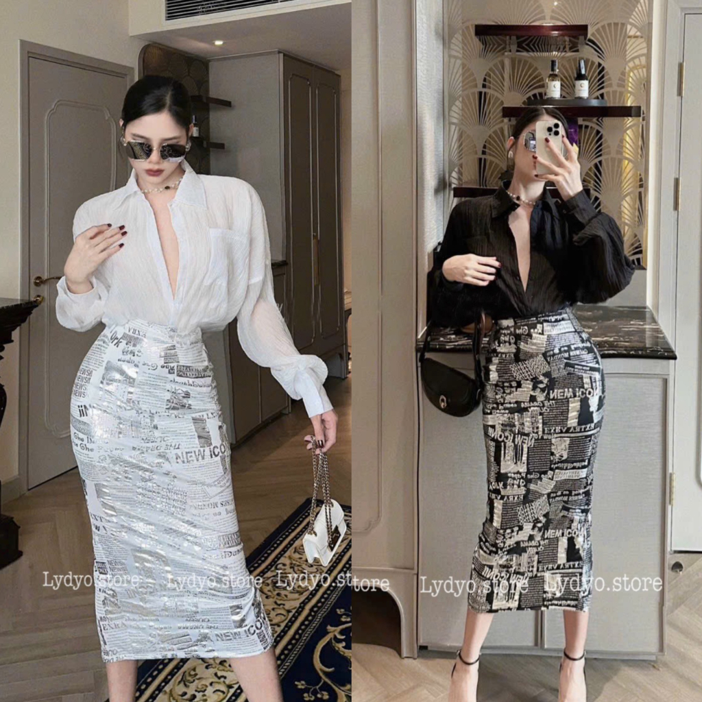 Set váy đầm body, váy bó dáng dài ôm người, áo sơ mi voan đũi, chân váy da phối chữ báo thiết kế dự tiệc,váy đi đám cưới