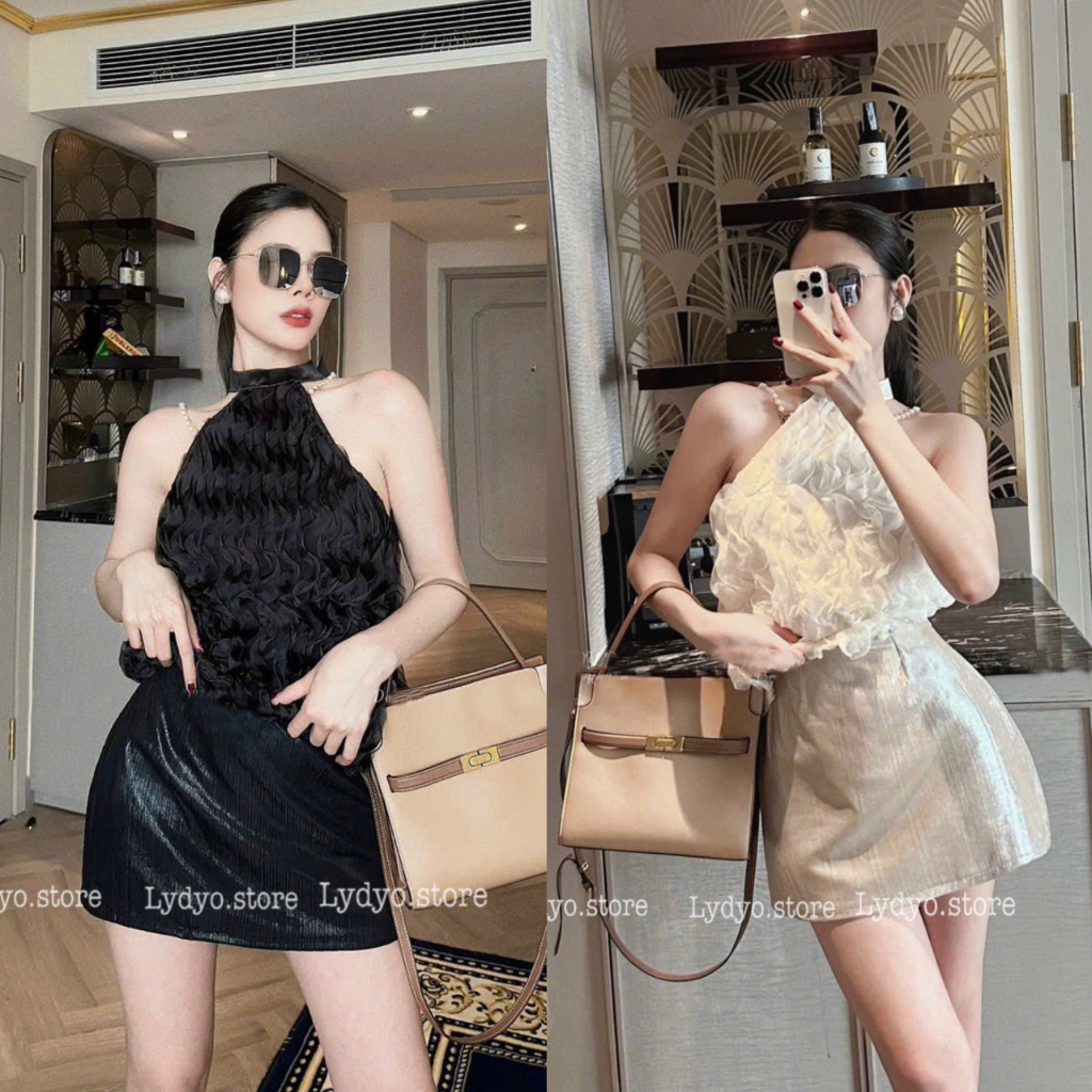 Váy đầm yếm, áo yếm, chân váy da ngắn,áo cổ yếm thắt nơ thiết kế tiểu thư, váy đi dự tiệc, đầm đi đám cưới, đi bar 005