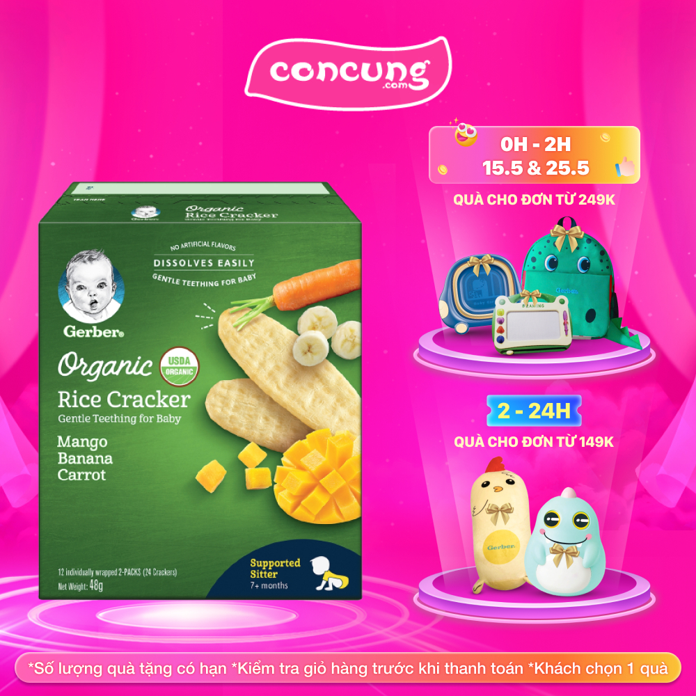 Thực phẩm bổ sung Bánh gạo hữu cơ Gerber Organic vị Xoài Chuối Cà rốt