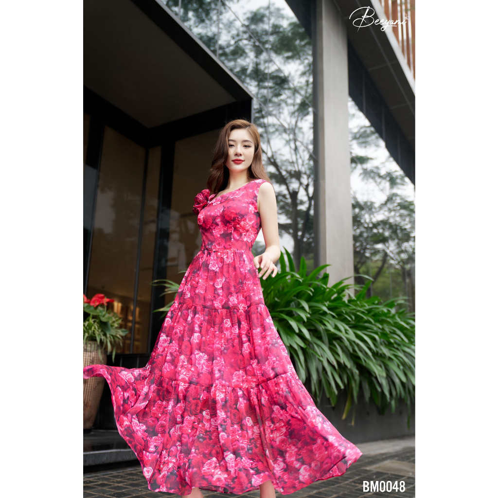 Đầm Xòe Maxi Vải Tằm Óng Ngọc Trai Venus Dress, Vải tơ tằm óng ngọc trai cao cấp, Màu sắc: Hồng đậm, tím - BM0048