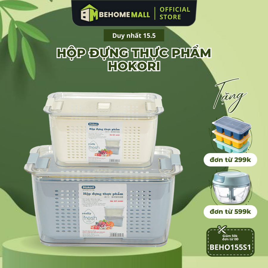 Hộp nhựa đựng thực phẩm tủ lạnh Hokori BEHOMEMALL hộp đựng thức ăn hoa quả 2 lớp bảo quản thực phẩm thông minh