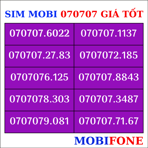 Sim số đẹp, Sim Mobifone số đẹp trả trước đầu số 070707, Sim Mobi hợp mệnh phong thủy dễ nhớ {Miễn phí ĐKCC + ESIM}