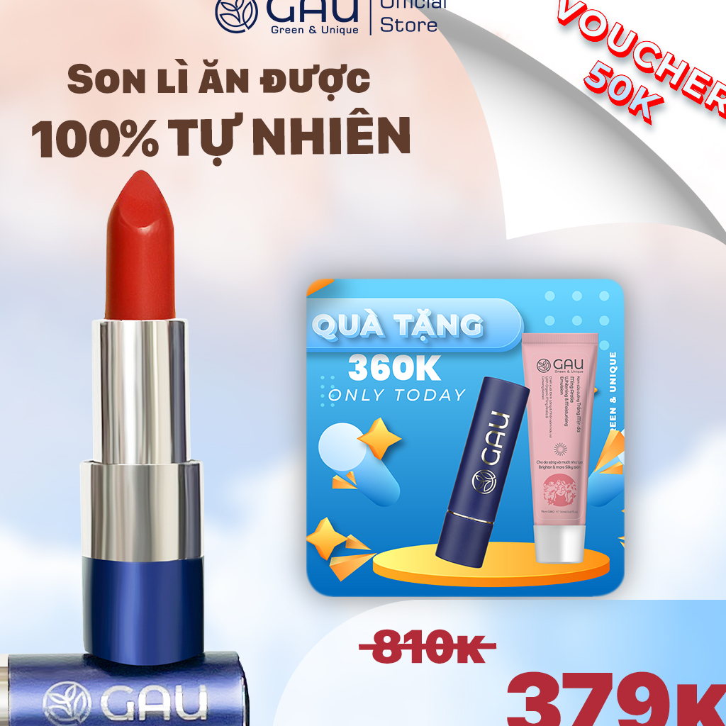 Son Lì Tự Nhiên Chính Hãng GAU SUNSET LOVER #1 Plain Red Dạng Thỏi Không Chì, Lâu Trôi, Có Thể Ăn Được