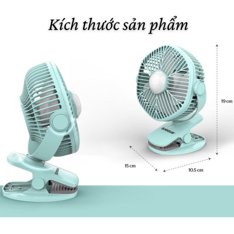 Quạt tích điện mini Sunhouse SHD7111, công suất 7W, pin siêu trâu có thể sử dụng lên đến 4h, có thể kẹp lên bàn
