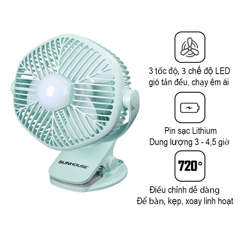 Quạt tích điện mini Sunhouse SHD7111, công suất 7W, pin siêu trâu có thể sử dụng lên đến 4h, có thể kẹp lên bàn