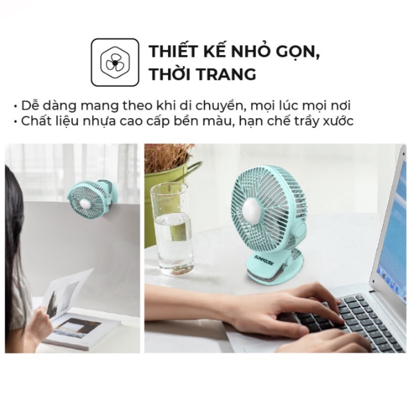 Quạt tích điện mini Sunhouse SHD7111, công suất 7W, pin siêu trâu có thể sử dụng lên đến 4h, có thể kẹp lên bàn