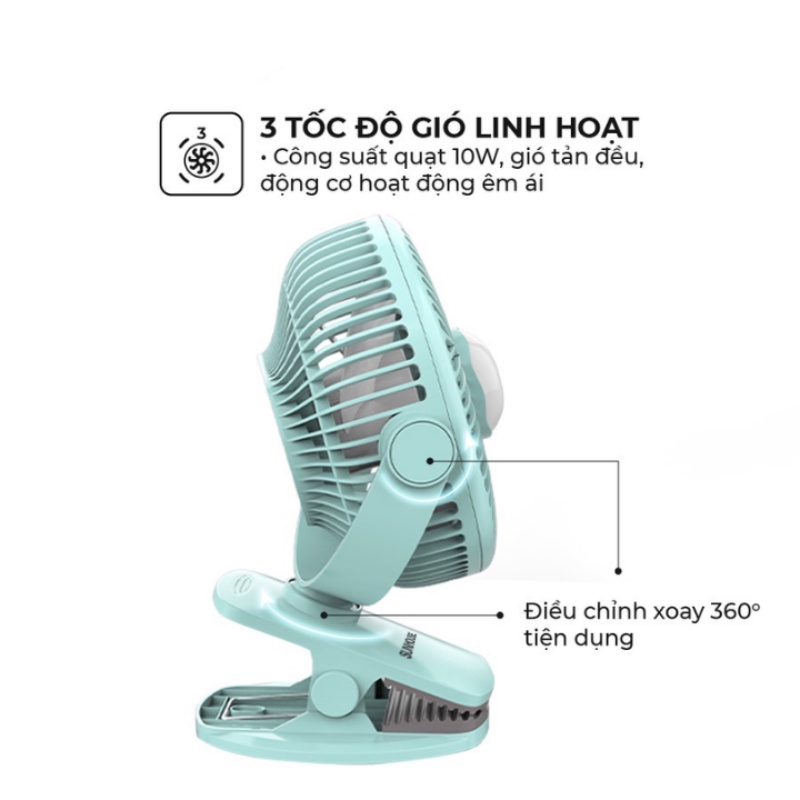 Quạt tích điện mini Sunhouse SHD7111, công suất 7W, pin siêu trâu có thể sử dụng lên đến 4h, có thể kẹp lên bàn