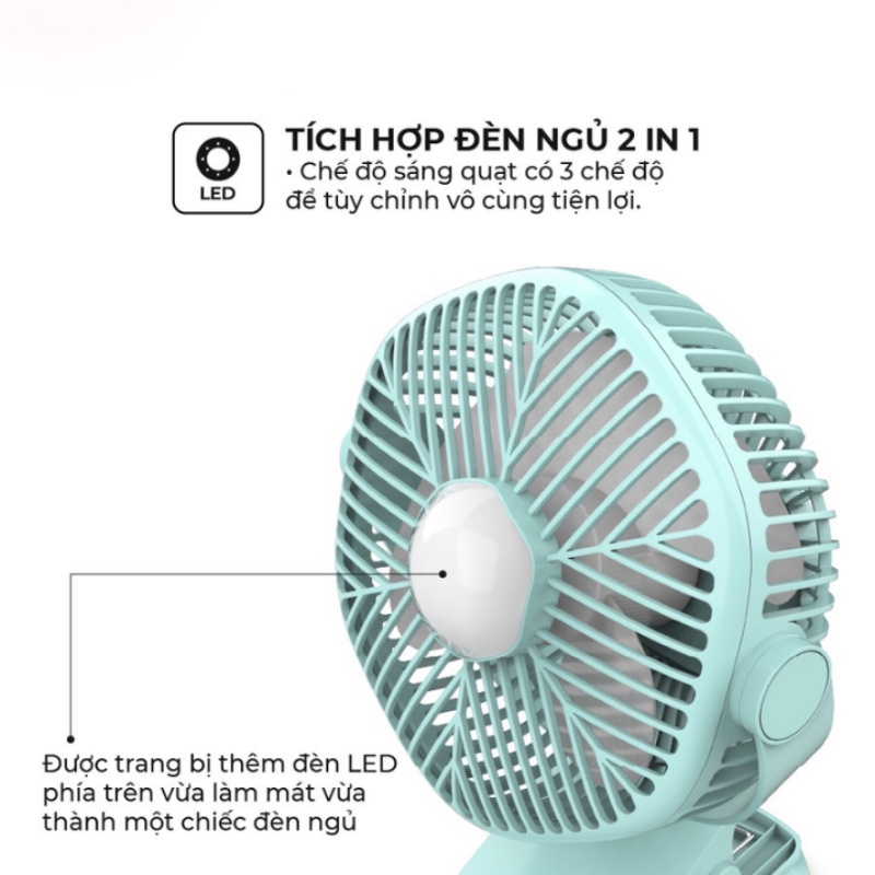 Quạt tích điện mini Sunhouse SHD7111, công suất 7W, pin siêu trâu có thể sử dụng lên đến 4h, có thể kẹp lên bàn