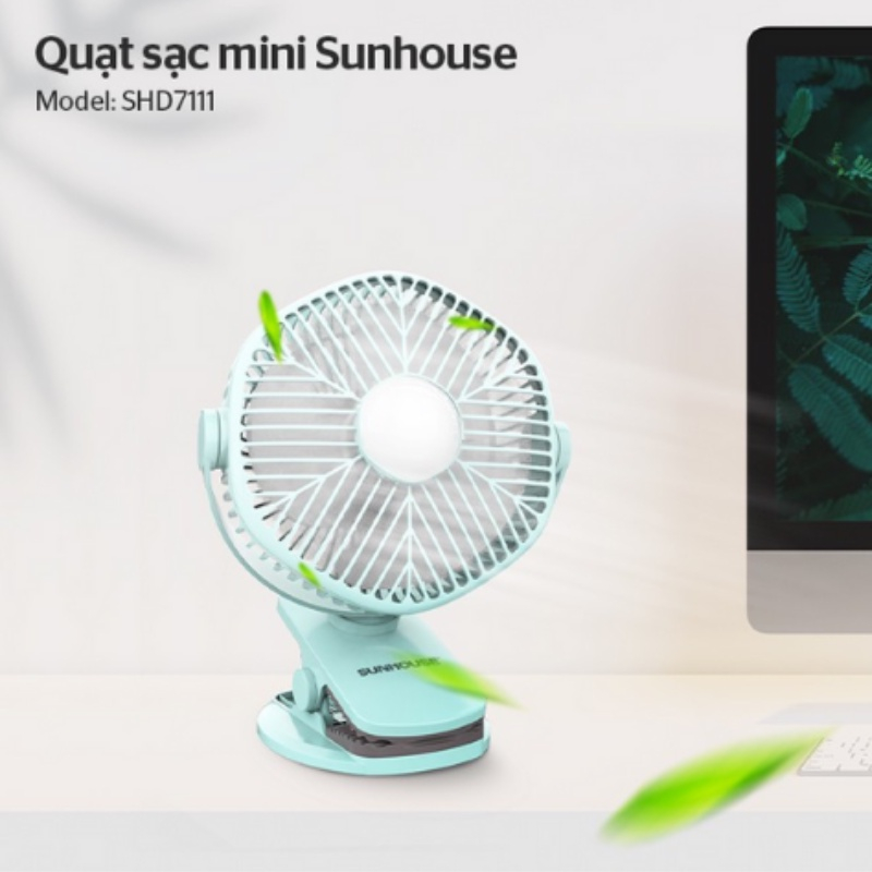 Quạt tích điện mini Sunhouse SHD7111, công suất 7W, pin siêu trâu có thể sử dụng lên đến 4h, có thể kẹp lên bàn
