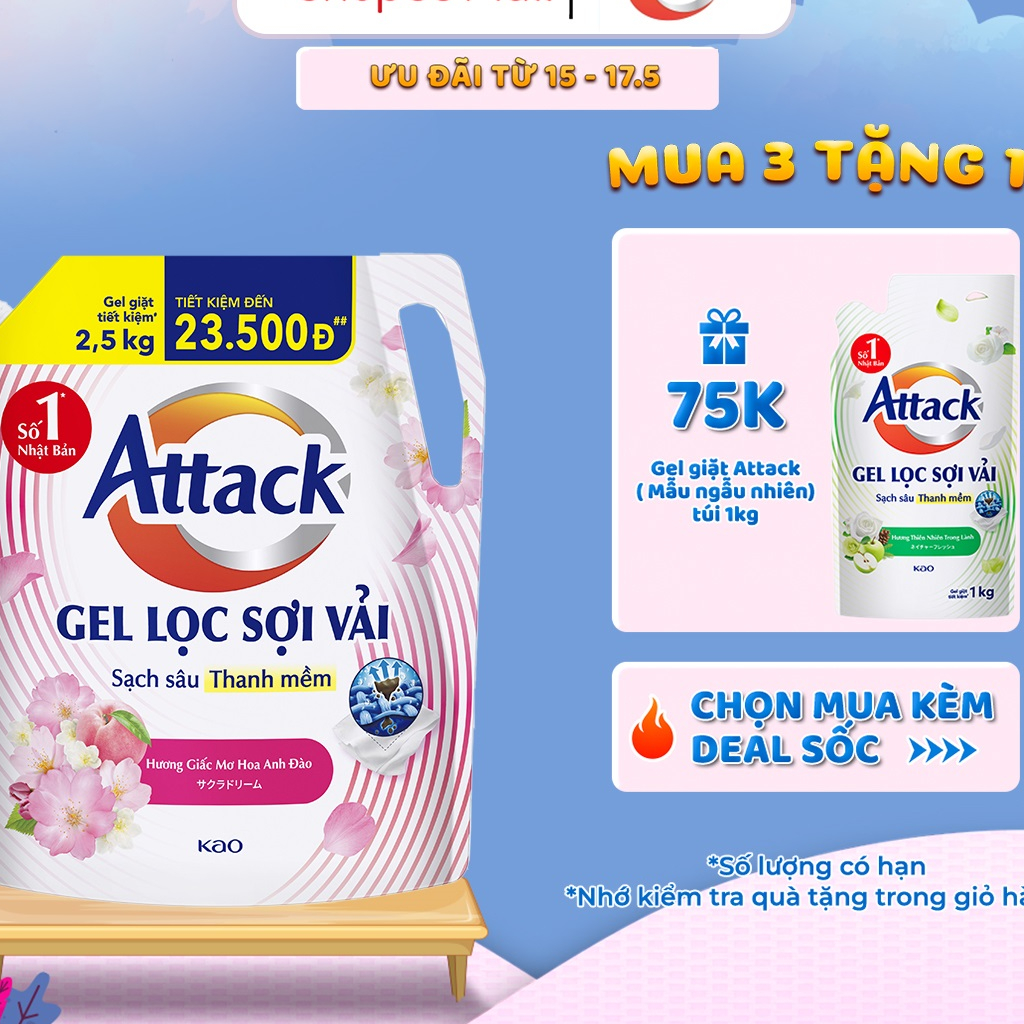 Gel Giặt Attack Hương Giấc Mơ Hoa Anh Đào Túi 2.5Kg