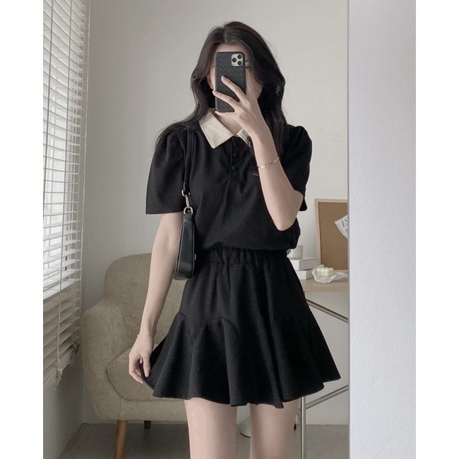Sét váy nữ áo croptop polo chân váy xòe tổ ong nhiều màu siêu xinh mặc đi chơi, đi du lịch 1SIZE