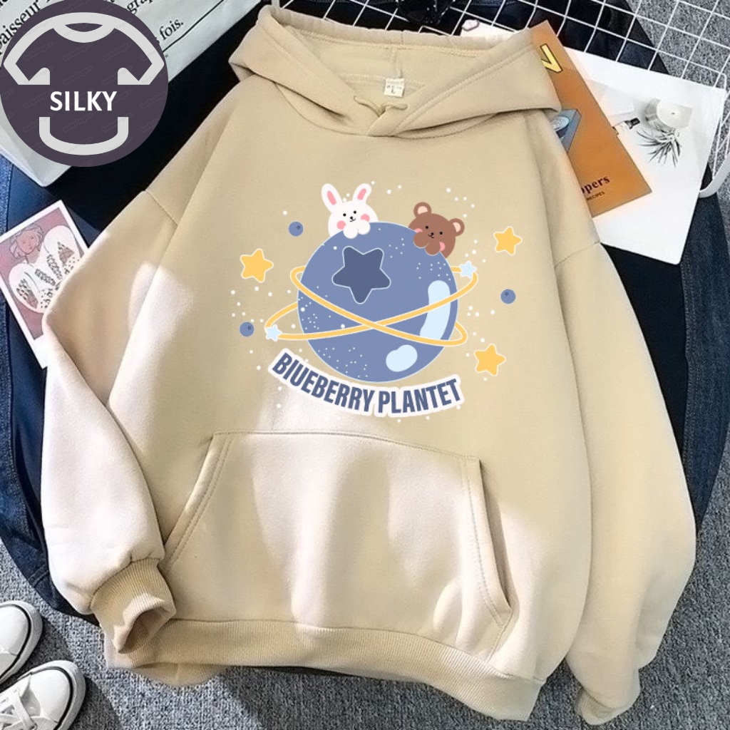 Áo Khoác Hoodie Unisex Có Mũ In BLU BERRY SilKy Kiểu Áo Form Rộng SLK127