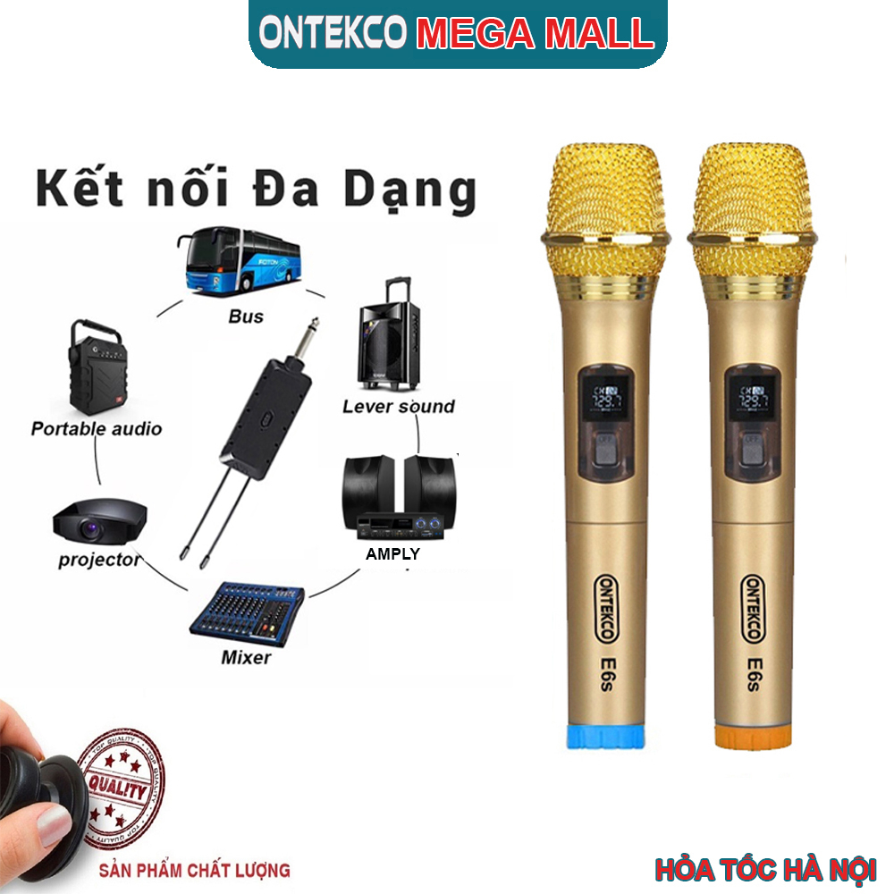 Trọn bộ 2 Micro Karaoke không dây ONTEKCO E6s plus màu vàng, cục thu đa năng nhỏ gọn cắm vừa mọi loại loa