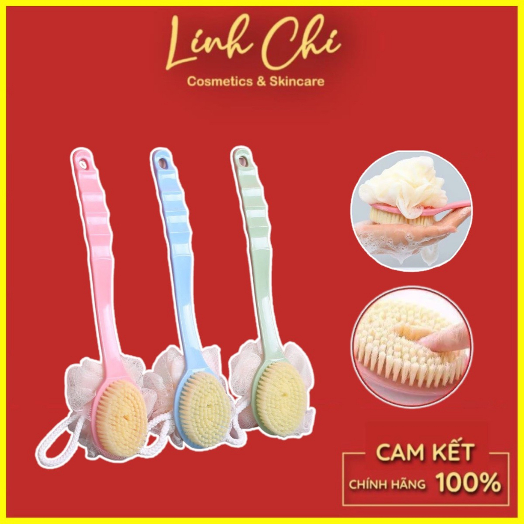 Bông Tắm Cọ Lưng 2 Đầu Có Cán Cầm - Bông Tắm Kèm Bàn Chải - Có Dây Móc Treo Tiện Dụng