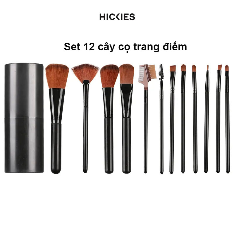 Cọ Trang Điểm Hickies Phấn Nền Tổng Hợp Cao Cấp Che Khuyết Điểm Phấn Mắt Bộ Cọ Trang Điểm 12 Cái, Đen/Hồng, Kèm Hộp