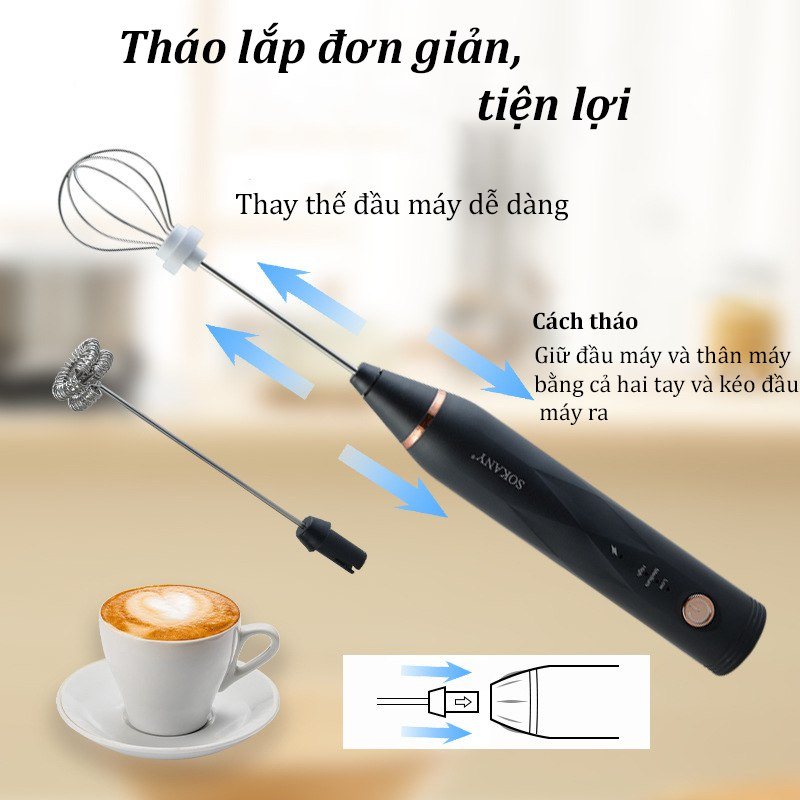 Máy đánh bọt cà phê mini cầm tay, máy đánh trứng Sokany SK201A 3 cấp độ sạc pin USB tặng kèm 2 đầu khuấy và tạo bọt