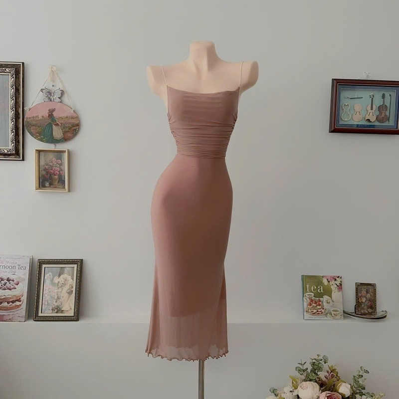 Váy body 2 dây sợi bún thun lưới - Đầm lưới 2 dây ôm body đuôi cá