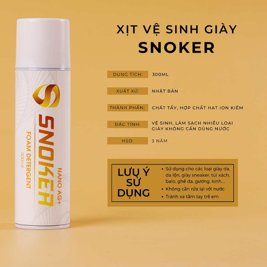 Bình xịt tạo bọt vệ sinh giày chính hãng SNOKER, Chai xịt giặt giày khô, túi xách, sofa, mũ bảo hiểm, tặng kèm khăn