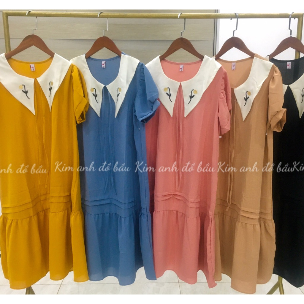 Váy bầu chất đũi siêu mát- hàng thêu - có túi tiện lợi- hàng loại 1- ảnh thật shop tự chụp-freesize 43-68kg