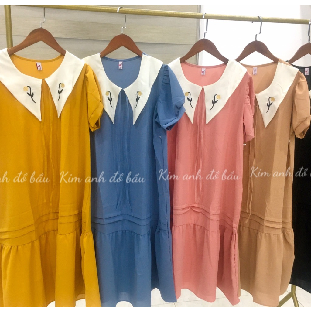 Váy bầu chất đũi siêu mát- hàng thêu - có túi tiện lợi- hàng loại 1- ảnh thật shop tự chụp-freesize 43-68kg